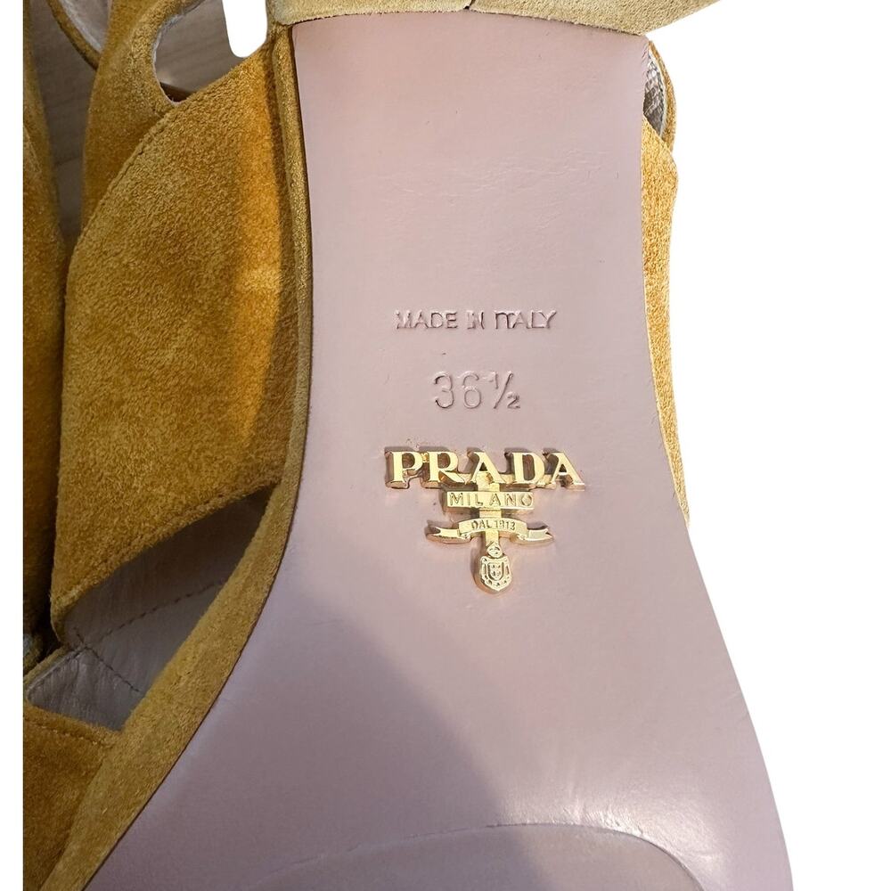 Prada Suede Crisscross Platform Yellow Block Heel Sandals 36.5 - Picture 8 of 10